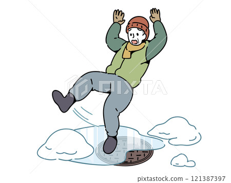 Grandpa falls on frozen road_manhole 121387397