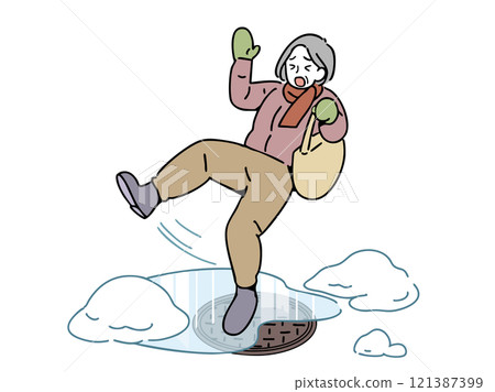 Grandma falls on frozen road_manhole 121387399
