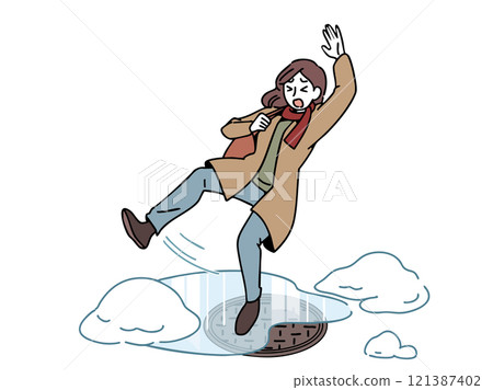 Woman falls on frozen road_manhole Woman falls on frozen road_manhole 121387402