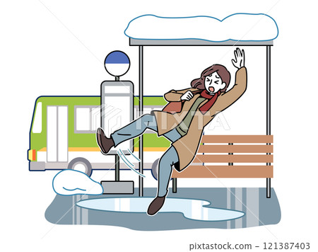 Woman falls on frozen road _ bus stop Woman falls on frozen road _ bus stop 121387403