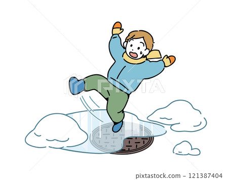 男孩跌倒在結冰的道路上_沙井 121387404