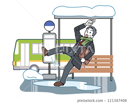 Man falls on frozen road _ bus stop 121387406