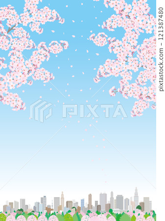 櫻花盛開的春天城市景觀的插圖。 櫻花盛開的春天城市景觀的插圖。 121387480