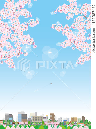 櫻花盛開的春天城市景觀的插圖。 121387482