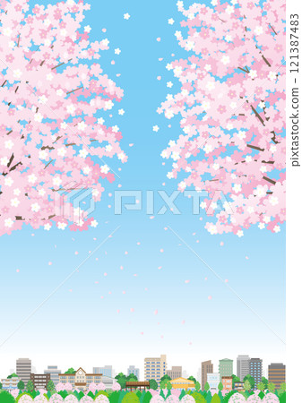 Illustration of a spring cityscape with cherry blossoms in bloom. Illustration of a spring cityscape with cherry blossoms in bloom. 121387483