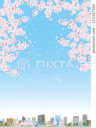 Illustration of a spring cityscape with cherry blossoms in bloom. Illustration of a spring cityscape with cherry blossoms in bloom. 121387484