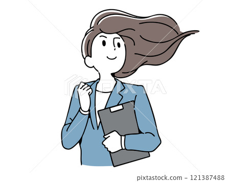穿著西裝的女人被微風吹著展望未來 121387488