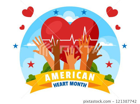 February is American Heart Month Vector Illustration Featuring a USA Flag and Red Heart Symbol for Health Awareness in a Flat Style Cartoon Background February is American Heart Month Vector Illustration Featuring a USA Flag and Red Heart Symbol for Health Awareness in a Flat Style Cartoon Background 121387742
