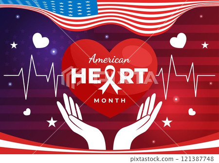February is American Heart Month Vector Illustration Featuring a USA Flag and Red Heart Symbol for Health Awareness in a Flat Style Cartoon Background 121387748