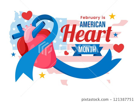 February is American Heart Month Vector Illustration Featuring a USA Flag and Red Heart Symbol for Health Awareness in a Flat Style Cartoon Background 121387751
