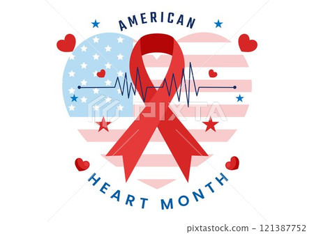 February is American Heart Month Vector Illustration Featuring a USA Flag and Red Heart Symbol for Health Awareness in a Flat Style Cartoon Background 121387752