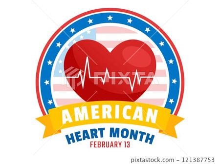 February is American Heart Month Vector Illustration Featuring a USA Flag and Red Heart Symbol for Health Awareness in a Flat Style Cartoon Background February is American Heart Month Vector Illustration Featuring a USA Flag and Red Heart Symbol for Health Awareness in a Flat Style Cartoon Background 121387753