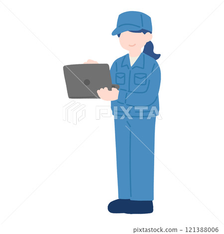 Flat illustration of a woman in work clothes looking at a laptop computer in her hands 121388006
