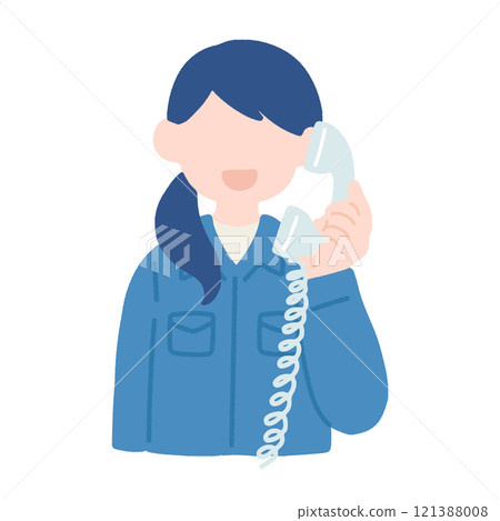 Flat illustration of a woman in work clothes talking on a landline phone Flat illustration of a woman in work clothes talking on a landline phone 121388008