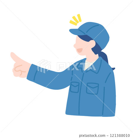 A flat illustration of a woman in work clothes pointing to the side A flat illustration of a woman in work clothes pointing to the side 121388010
