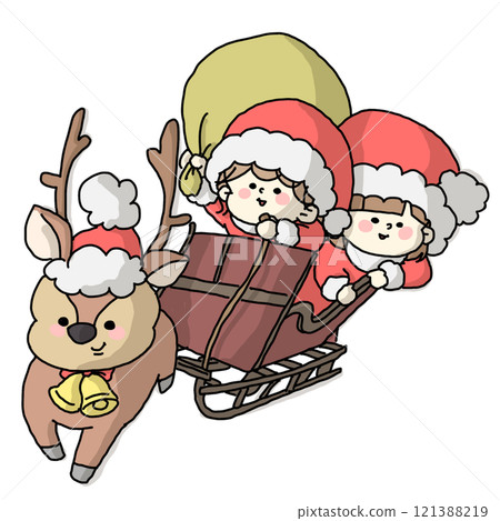 彩色版本的孩子們打扮成聖誕老人，乘坐馴鹿拉的雪橇 121388219