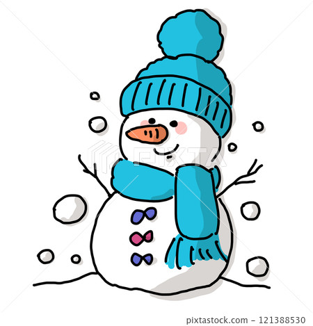 彩色版本的雪人，戴著針織帽和圍巾，鼻子是胡蘿蔔製成的。 121388530