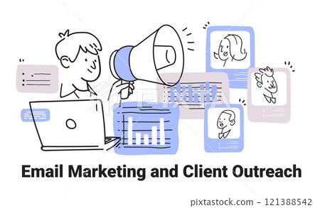 Email marketing concept with laptop megaphone charts and profile sketches in minimalist doodle style 121388542