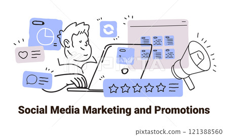 Social media marketing concept with person using laptop surrounded by icons like charts messages megaphone in minimalist doodle style 121388560