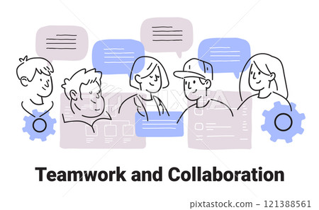 Teamwork and collaboration concept with diverse group discussing ideas speech bubbles gears in minimalist hand drawn style 121388561