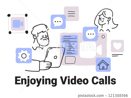 Video calls concept with people using devices chat icons and settings in minimalist hand drawn style for digital communication 121388566