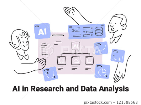 AI in research and data analysis concept with people interacting around flowcharts graphs and icons in thin line style 121388568