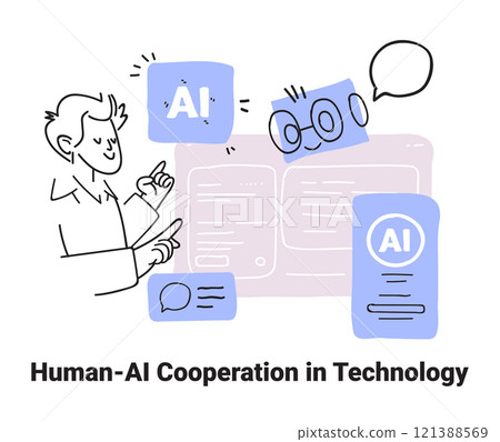 Human-AI interaction technology cooperation concept sketch style. A person interacts with AI elements and icons in a digital interface. Website design template 121388569
