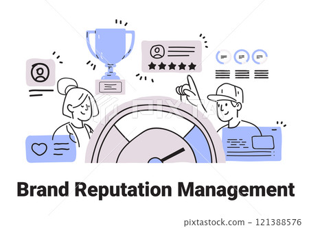 Brand reputation management concept with people trophy stars reviews and gauge minimalist hand drawn 121388576