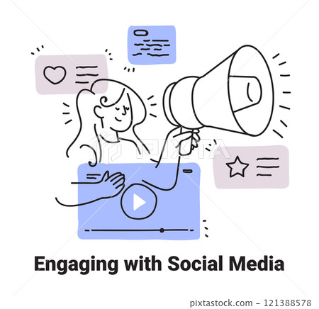 Social media engagement concept woman with megaphone surrounded by icons hand drawn style 121388578