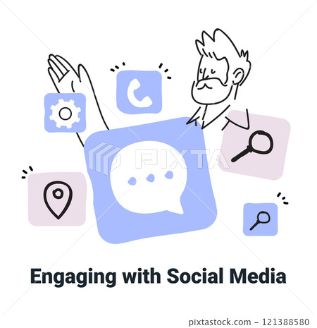 Engaging with social media concept sketch style icons communication person smartphone apps minimalist Engaging with social media concept sketch style icons communication person smartphone apps minimalist 121388580