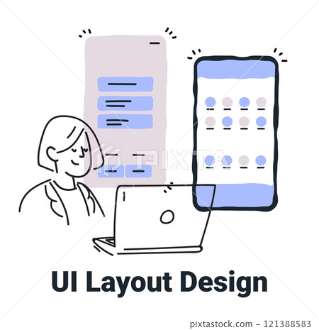 UI Layout Design concept with person working on laptop and app screens in minimalist hand drawn style for web design UI Layout Design concept with person working on laptop and app screens in minimalist hand drawn style for web design 121388583