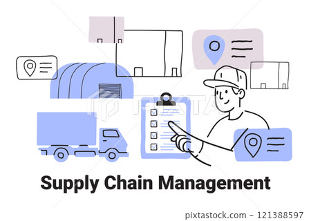 Supply chain management logistics concept warehouse truck worker checklist location icons hand drawn 121388597