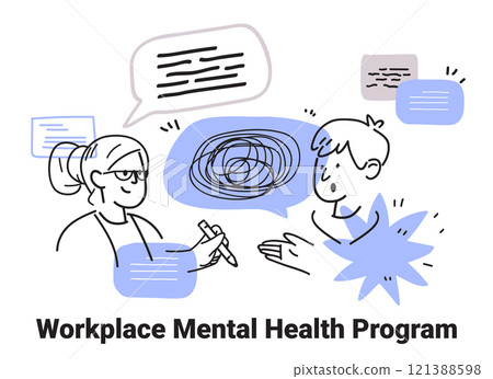 Workplace mental health program discussion doodle style. Two people conversing with speech bubbles and abstract shapes in a minimalist design 121388598