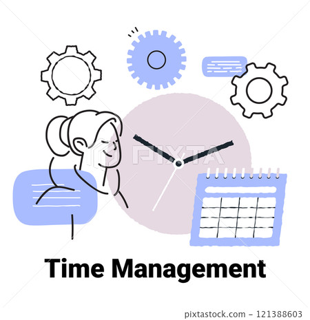 Time management concept with clock gears calendar and person in minimalist hand drawn style 121388603