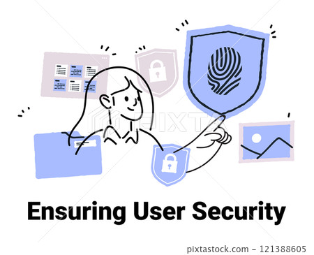 User security concept with person interacting with shield icons and digital elements in blue and gray tones. Minimalist hand drawn style User security concept with person interacting with shield icons and digital elements in blue and gray tones. Minimalist hand drawn style 121388605