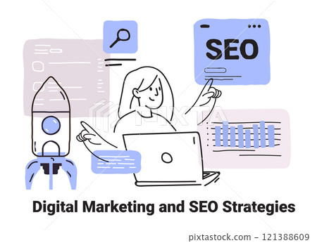 Digital marketing SEO strategies concept featuring a person with a laptop pointing at graphs rocket icons. Minimalist doodle style 121388609