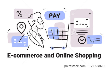E-commerce online shopping concept with cart payment icons and person in minimalist doodle style suitable for web design template E-commerce online shopping concept with cart payment icons and person in minimalist doodle style suitable for web design template 121388613