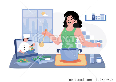 A woman attends a morning cooking class to learn new recipes and techniques. 121388692