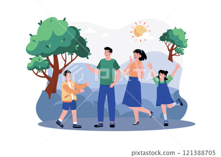 A family goes for a morning hike in the mountains. A family goes for a morning hike in the mountains. 121388705