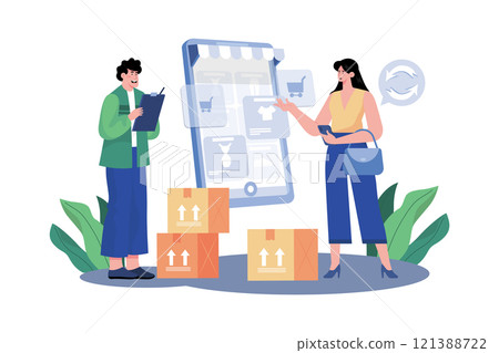 Returns and exchanges specialist assisting customers with returns and exchanges. 121388722