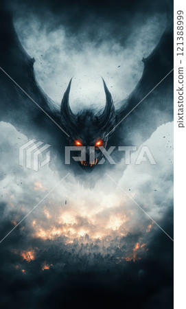 dark demon with fiery eyes and bat like wings looms ominously 121388999