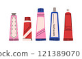 Toothpaste set. Set of oral hygiene products. Different tubes of toothpaste. Teeth cleaning products. Colorful vector collection 121389070