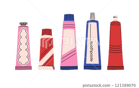 Toothpaste set. Set of oral hygiene products. Different tubes of toothpaste. Teeth cleaning products. Colorful vector collection 121389070