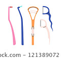 Set of oral hygiene products in a flat style. Different toothbrushes, mono beam brush, tongue scraper, dental floss. 121389072