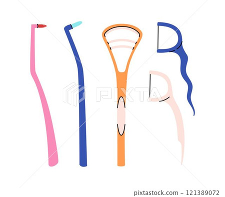 Set of oral hygiene products in a flat style. Different toothbrushes, mono beam brush, tongue scraper, dental floss. 121389072