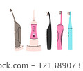 Electric toothbrushes vector set. Dentistry concept, oral care. Different toothbrushes designs. Teeth cleaning accessories. Colorful vector set 121389073