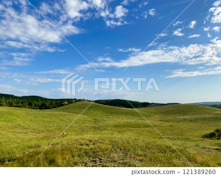Landscape, field and blue sky with clouds Landscape, field and blue sky with clouds 121389260