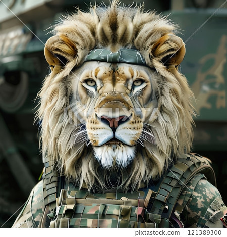 the AI Image Generator, Lion Warrior in Camouflage Gear with a Fierce 121389300