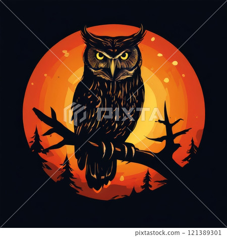 the AI Image Generator, Majestic Owl Over Orange Moonlit Sky in Silhouette 121389301