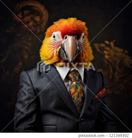 the AI Image Generator, Parrot Combining Business Attire with Vibrant Creativity 121389302